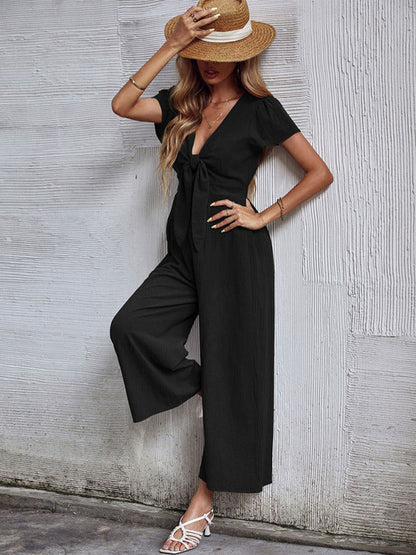 Women's woven V-neck short-sleeved casual straight cropped jumpsuit