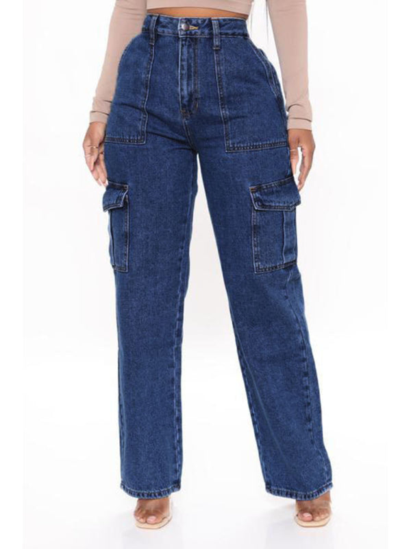 Women's Solid Multi-Pocket Cargo Jeans