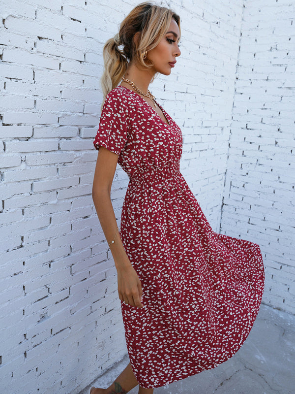 Summer new elegant casual vacation V-neck floral print short-sleeved dress