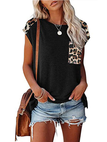 Round neck paneled leopard pocket raglan sleeve casual T-shirt