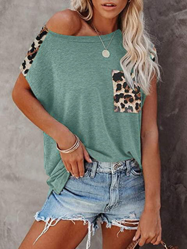 Round neck paneled leopard pocket raglan sleeve casual T-shirt