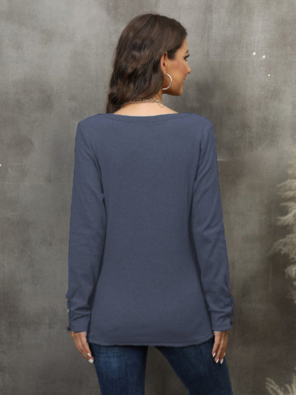 Women's Button Vest Color V-Neck Long Sleeve T-Shirt Top