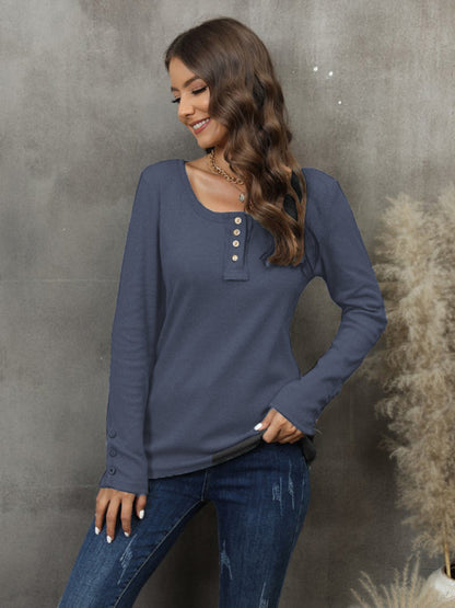 Women's Button Vest Color V-Neck Long Sleeve T-Shirt Top