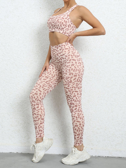 Leopard print beautiful back tight sports suit peach hip lifting high waist fitness clothes