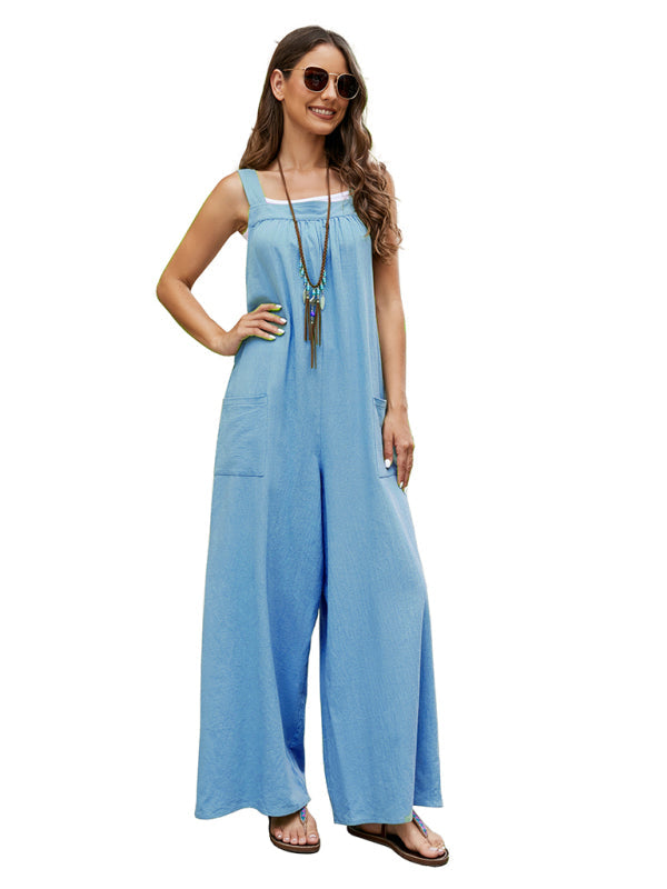 Women's Woven Loose Patch Pockets Casual Long Overalls