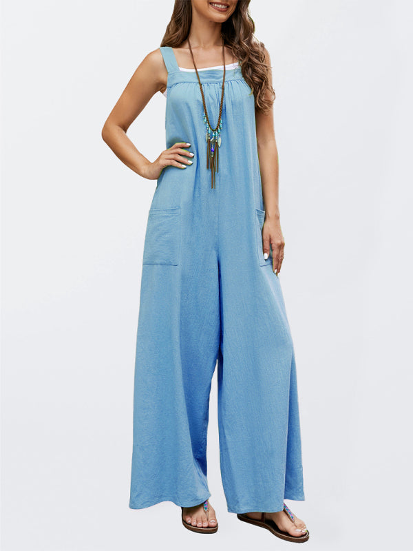 Women's Woven Loose Patch Pockets Casual Long Overalls