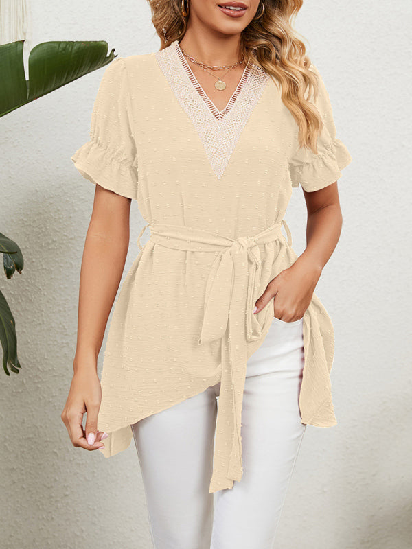 Women's Woven Jacquard V-Neck Loose Tie Chiffon Short Sleeve Top