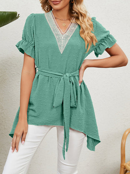 Women's Woven Jacquard V-Neck Loose Tie Chiffon Short Sleeve Top