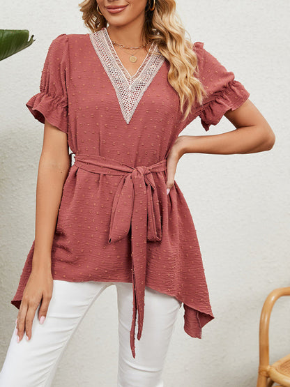 Women's Woven Jacquard V-Neck Loose Tie Chiffon Short Sleeve Top