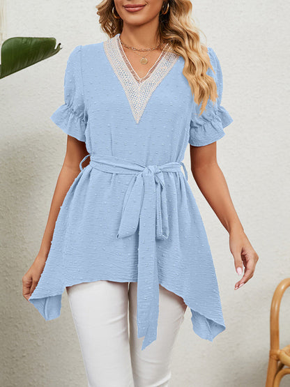 Women's Woven Jacquard V-Neck Loose Tie Chiffon Short Sleeve Top