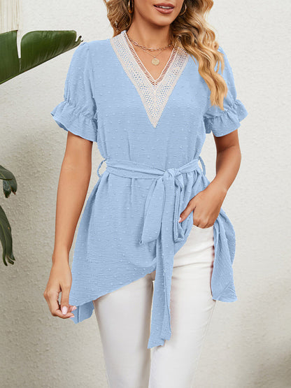 Women's Woven Jacquard V-Neck Loose Tie Chiffon Short Sleeve Top