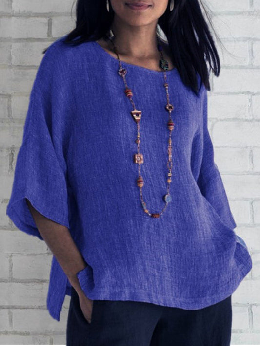 Foreign trade women's three-quarter sleeve round neck cotton linen shirt top