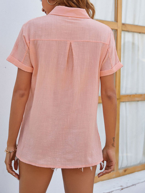 New cotton and linen short-sleeved casual side slit pocket shirt