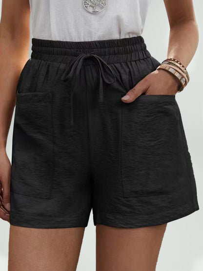 Loose Linen Casual Short Pocket Solid Color High Waist Wide Leg Pants