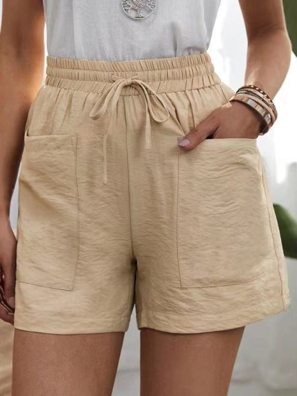 Loose Linen Casual Short Pocket Solid Color High Waist Wide Leg Pants