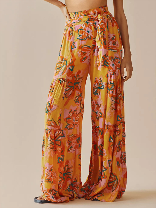 Women's printed loose casual holiday wind strappy wide-leg pants