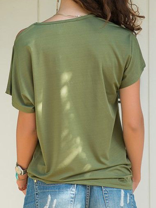 Casual slanted shoulder cross irregular short-sleeved T-shirt women's clothing