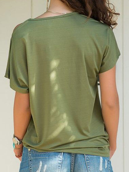 Casual slanted shoulder cross irregular short-sleeved T-shirt women's clothing