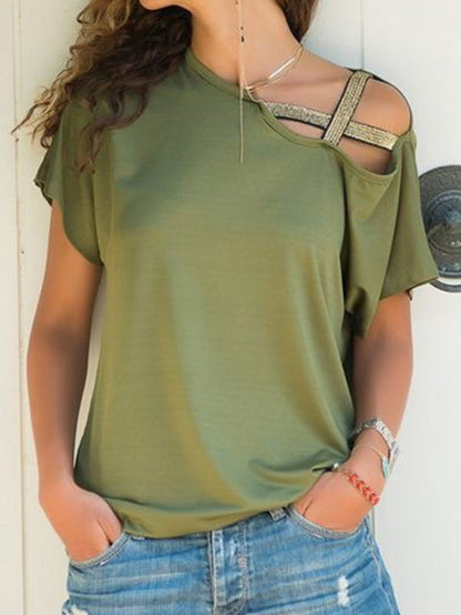 Casual slanted shoulder cross irregular short-sleeved T-shirt women's clothing