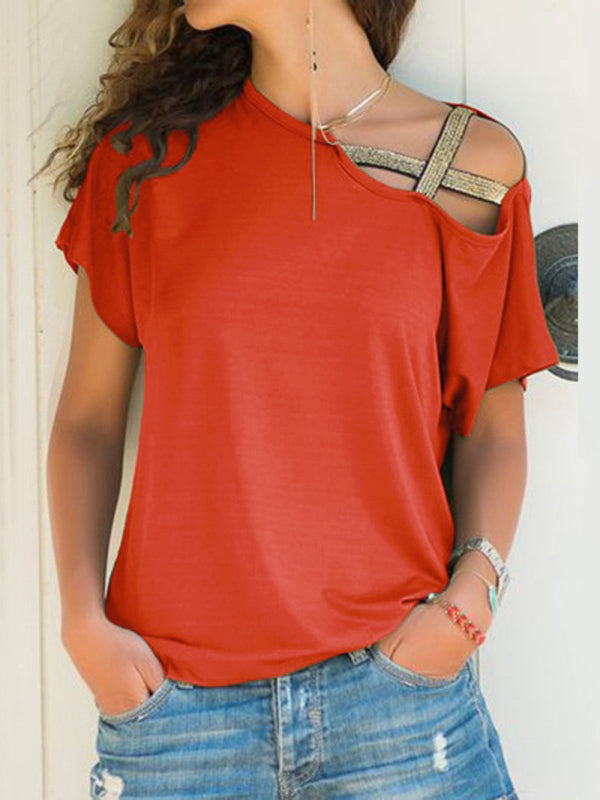 Casual slanted shoulder cross irregular short-sleeved T-shirt women's clothing