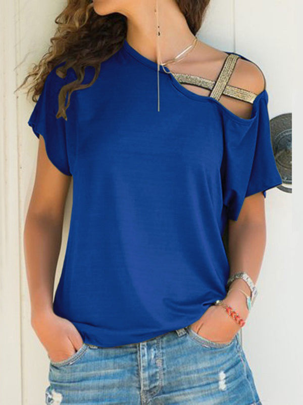 Casual slanted shoulder cross irregular short-sleeved T-shirt women's clothing
