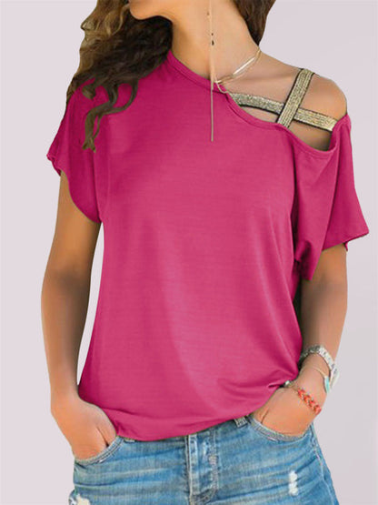 Casual slanted shoulder cross irregular short-sleeved T-shirt women's clothing