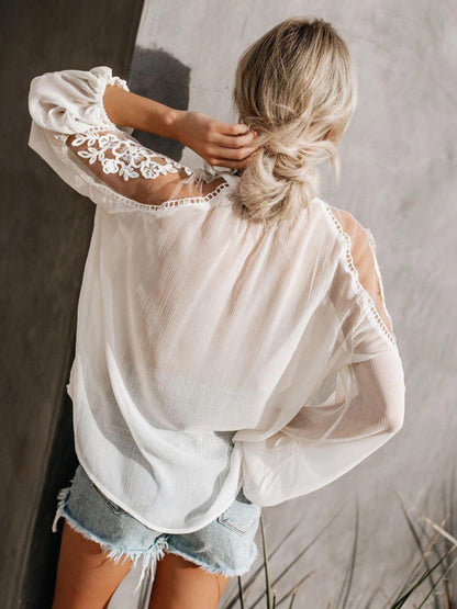 Sexy see-through V-neck lace shirt shirt