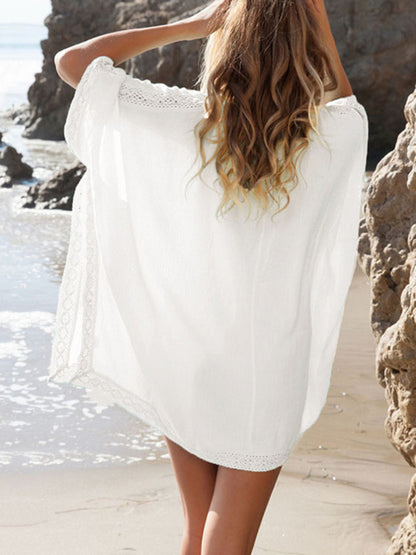 Cotton and lace beach dress sexy V-neck vacation sunscreen shirt bikini overshirt