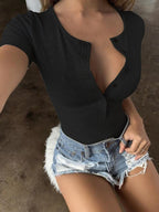 Women's deep V sexy slim button solid color bottoming jumpsuit