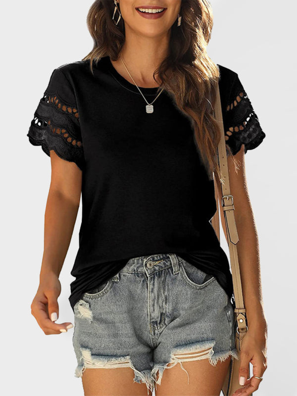 Summer new lace stitching short-sleeved T-shirt round neck top