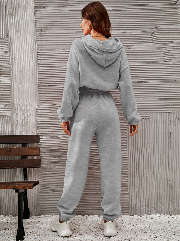 New fashion solid color hooded sweater casual upper and lower two pieces sets