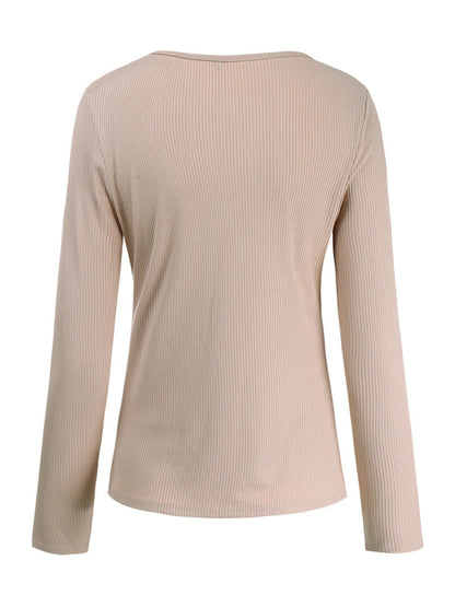 Women's Solid Color Button V Neck Long Sleeve Knit Top