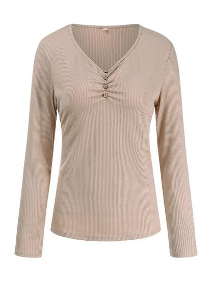 Women's Solid Color Button V Neck Long Sleeve Knit Top