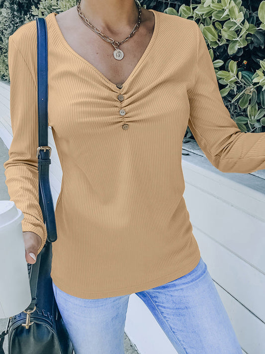 Women's Solid Color Button V Neck Long Sleeve Knit Top