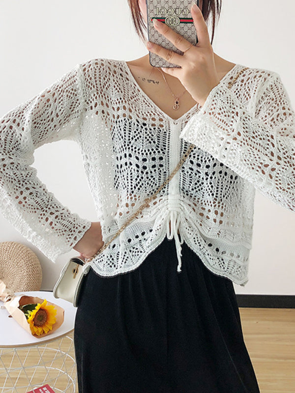 Long-sleeved mesh summer top drawstring hollow V-neck blouse thin section