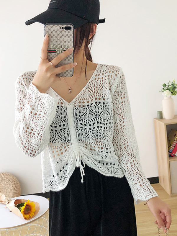 Long-sleeved mesh summer top drawstring hollow V-neck blouse thin section