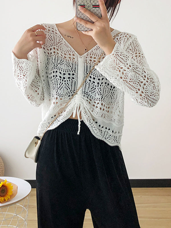 Long-sleeved mesh summer top drawstring hollow V-neck blouse thin section