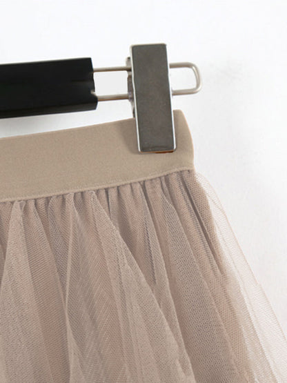 Mesh splicing skirt high waist slimming solid color mid-length fairy skirt