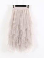 Mesh splicing skirt high waist slimming solid color mid-length fairy skirt