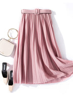 Pleated Skirt Mid-length High Belt Versatile A-Line Skirt