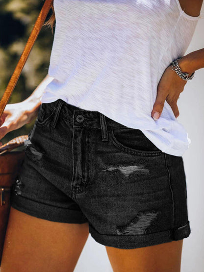 Women's Stretch Mid Rise Denim Shorts with Holes