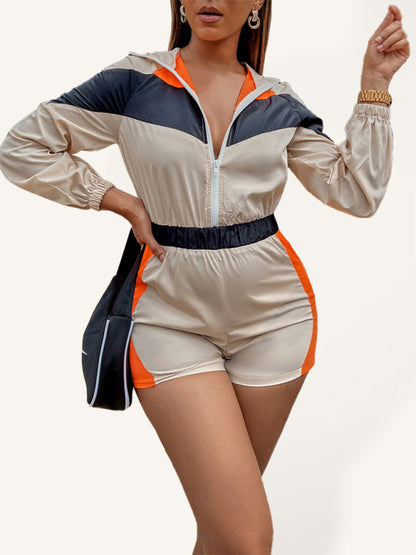 Women's Casual Splicing Contrast Color Zipper One-Piece Shorts