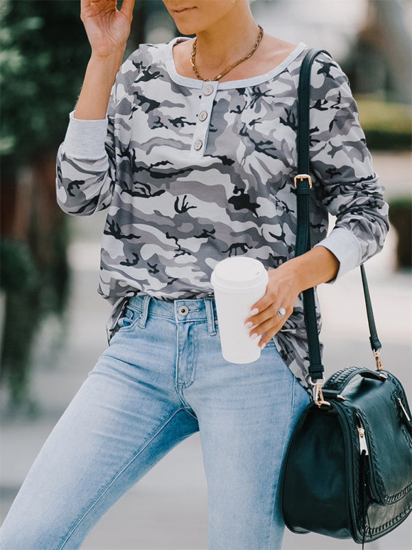 Casual loose camouflage long-sleeved T-shirt for women