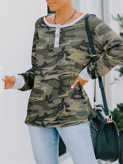 Casual loose camouflage long-sleeved T-shirt for women