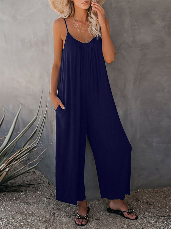 Trousers solid color side pocket loose casual suspender jumpsuit