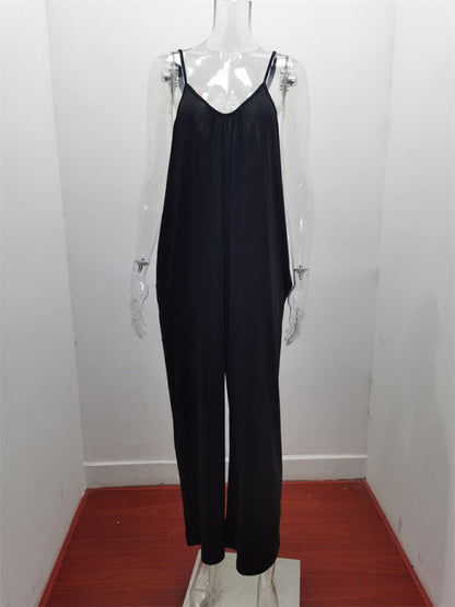 Trousers solid color side pocket loose casual suspender jumpsuit