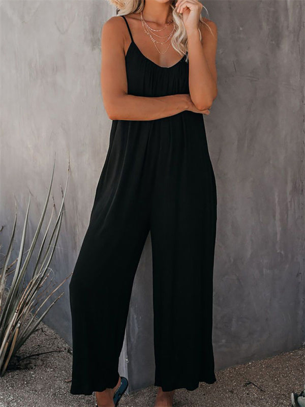 Trousers solid color side pocket loose casual suspender jumpsuit