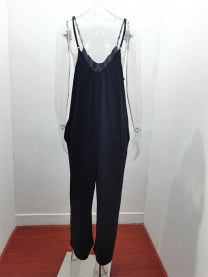 Trousers solid color side pocket loose casual suspender jumpsuit