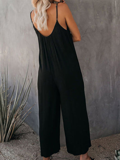 Trousers solid color side pocket loose casual suspender jumpsuit