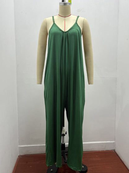 Trousers solid color side pocket loose casual suspender jumpsuit